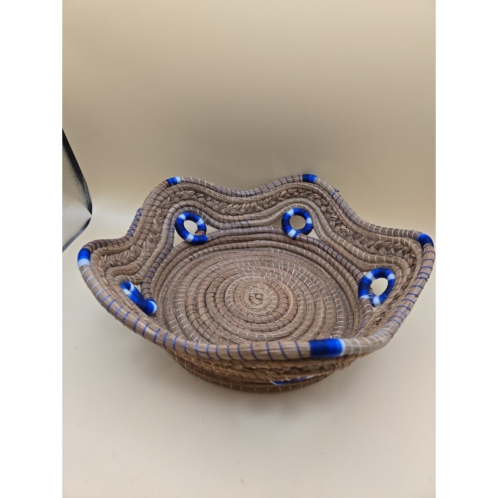Handmade Basket,  Blue And Brown Artisan Made  Pine Needles Coiled #22
